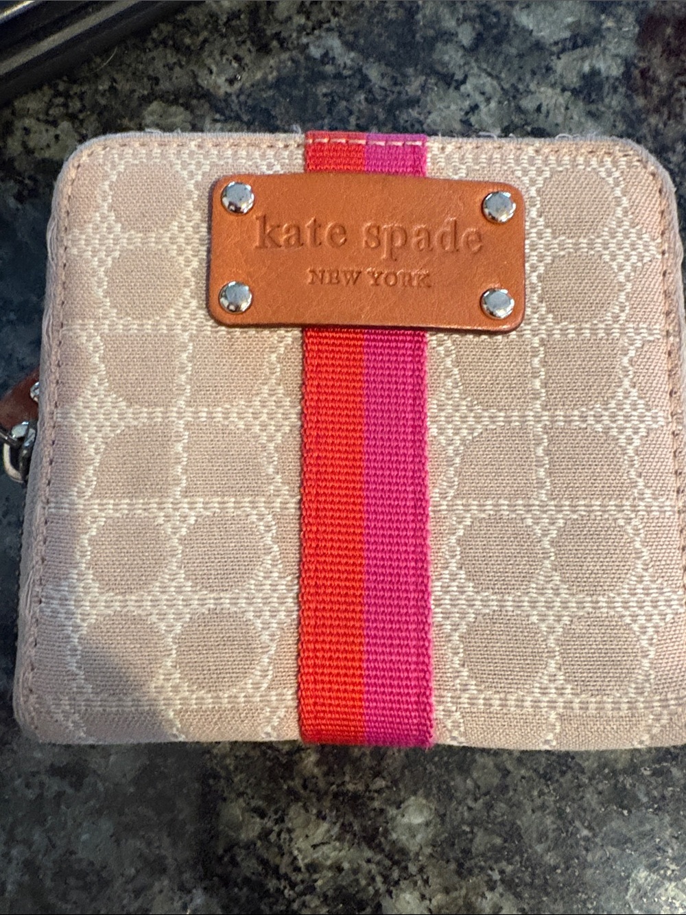kate spade cream women’s zip wallet with pink & red stripe